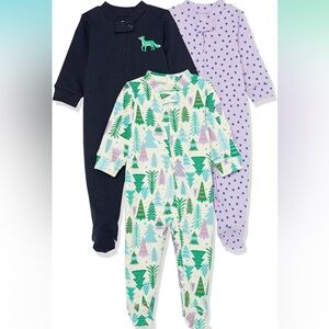 Amazon Essentials zip up footie pajamas, baby onesies. Brand new with tags, 3 pk